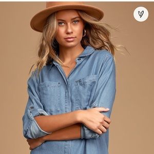 Lulu’s Blue Chambray Long Sleeve Button-Up Shirt